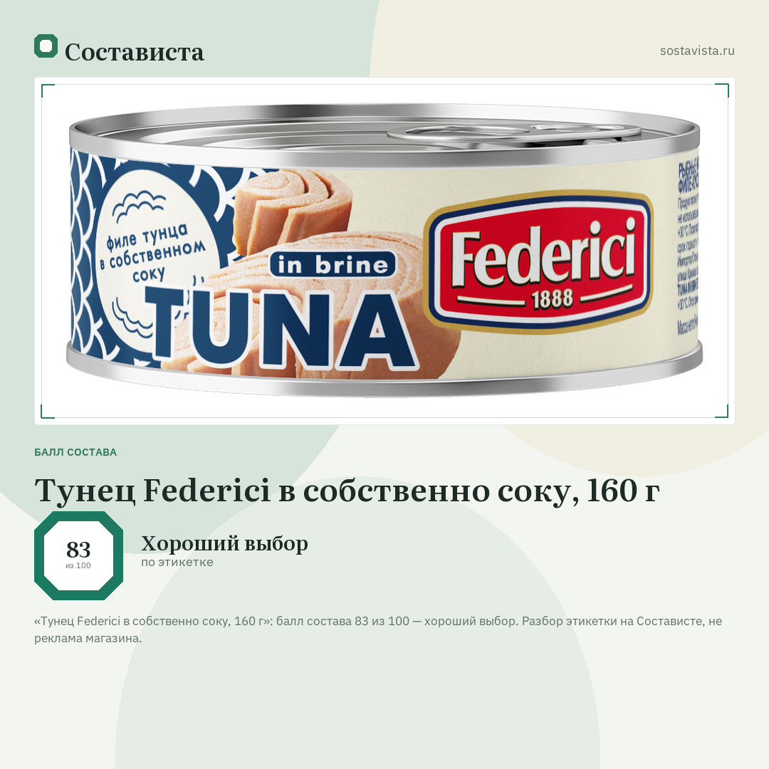 Тунец Federici в собственно соку, 160 г: балл состава 83 из 100 — Состависта