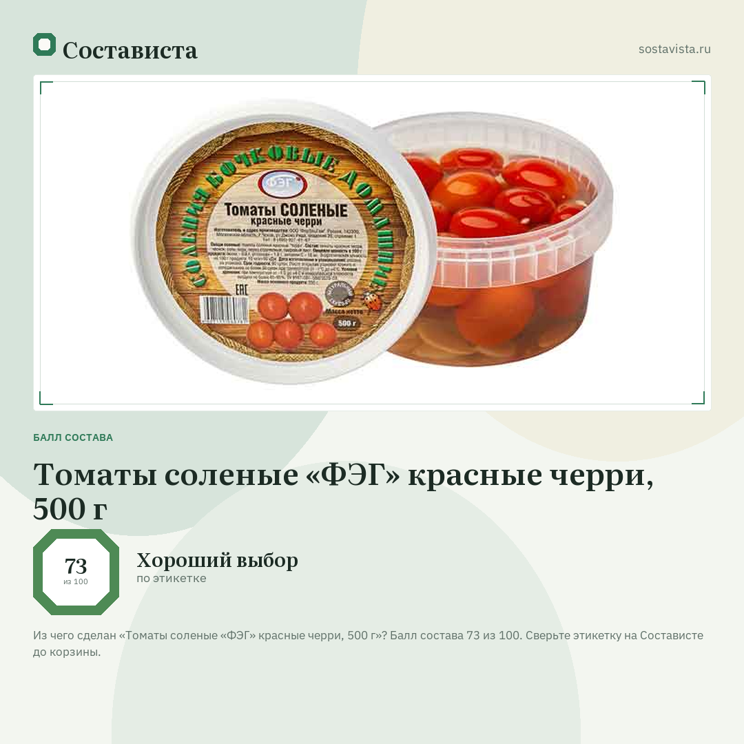 Томаты соленые «ФЭГ» красные черри, 500 г: балл состава 73 из 100 — Состависта