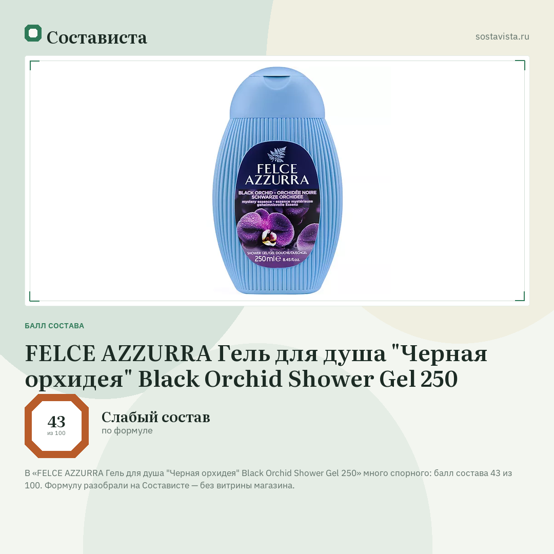 FELCE AZZURRA Гель для душа "Черная орхидея" Black Orchid Shower Gel 250: балл состава 43 из 100 — Состависта