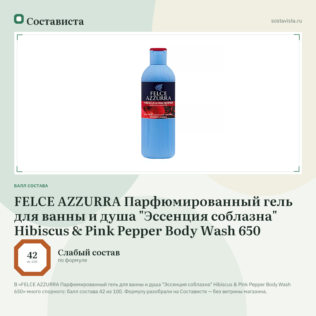 FELCE AZZURRA Парфюмированный гель для ванны и душа "Эссенция соблазна" Hibiscus & Pink Pepper Body Wash 650: балл состава 42 из 100 — Состависта