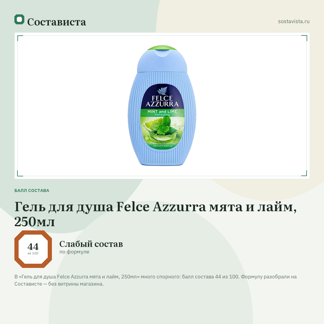 Гель для душа Felce Azzurra мята и лайм, 250мл: балл состава 44 из 100 — Состависта