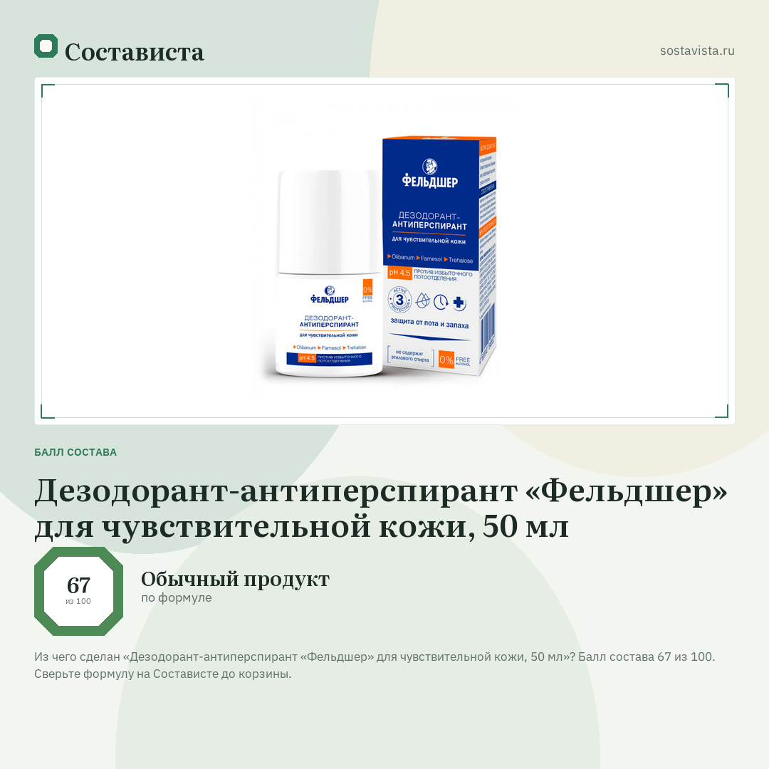 Дезодорант-антиперспирант «Фельдшер» для чувствительной кожи, 50 мл: балл состава 67 из 100 — Состависта