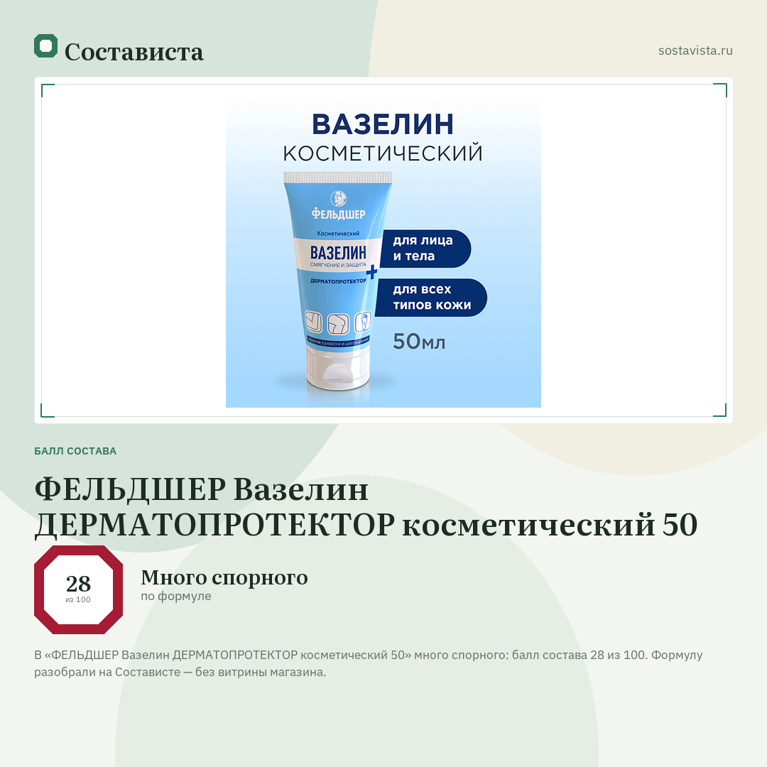 ФЕЛЬДШЕР Вазелин ДЕРМАТОПРОТЕКТОР косметический 50: балл состава 28 из 100 — Состависта