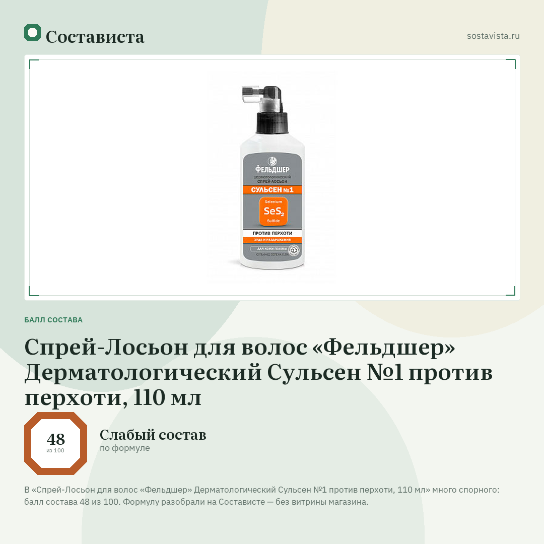 Спрей-Лосьон для волос «Фельдшер» Дерматологический Сульсен №1 против перхоти, 110 мл: балл состава 48 из 100 — Состависта