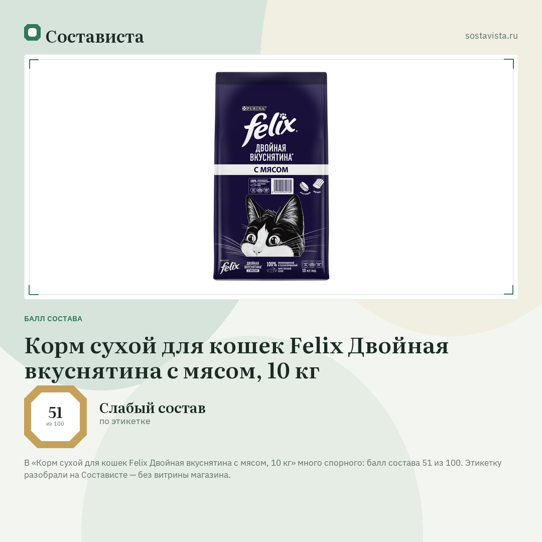 Корм сухой для кошек Felix Двойная вкуснятина с мясом, 10 кг: балл состава 51 из 100 — Состависта