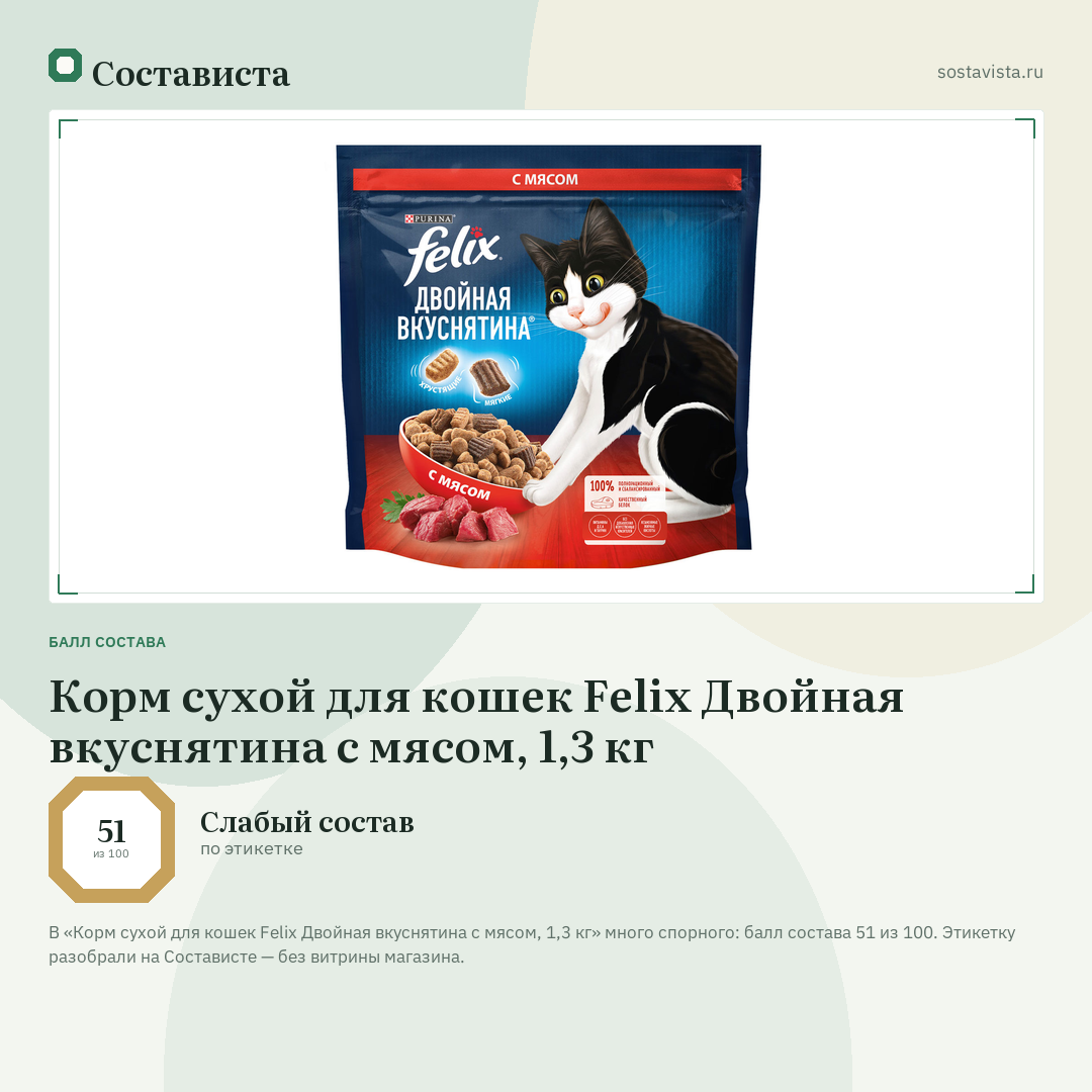 Корм сухой для кошек Felix Двойная вкуснятина с мясом, 1,3 кг: балл состава 51 из 100 — Состависта