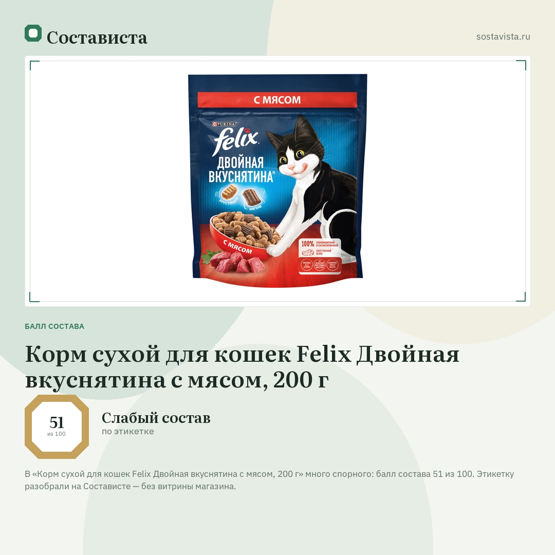 Корм сухой для кошек Felix Двойная вкуснятина с мясом, 200 г: балл состава 51 из 100 — Состависта