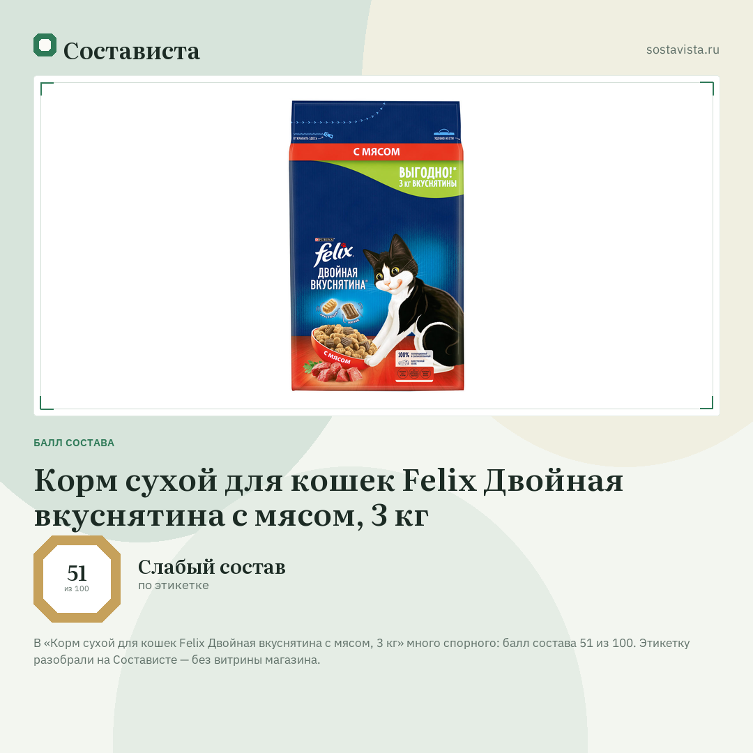 Корм сухой для кошек Felix Двойная вкуснятина с мясом, 3 кг: балл состава 51 из 100 — Состависта