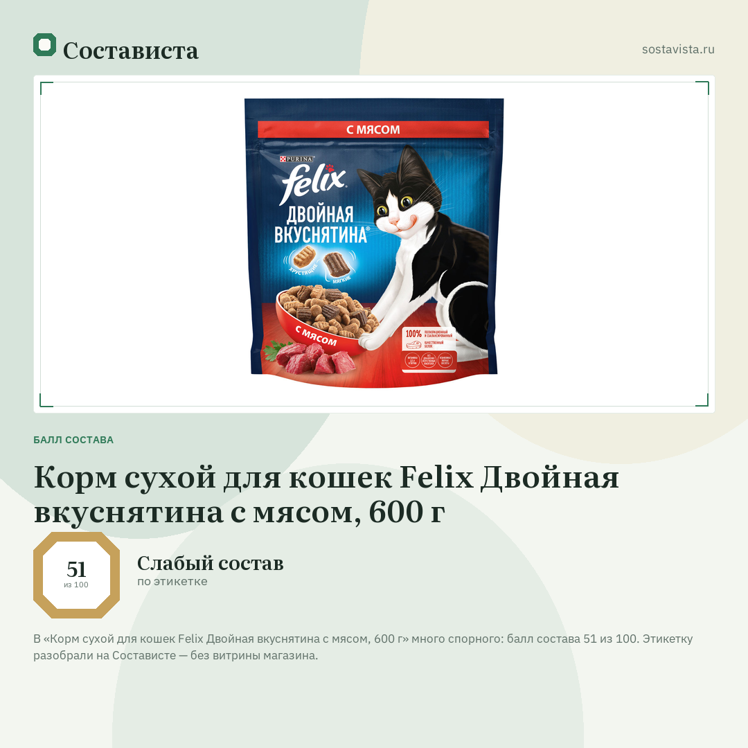 Корм сухой для кошек Felix Двойная вкуснятина с мясом, 600 г: балл состава 51 из 100 — Состависта