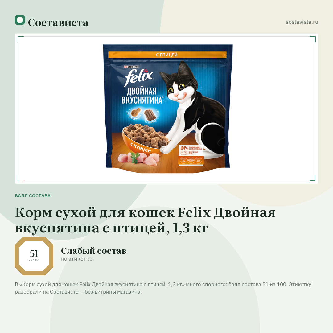 Корм сухой для кошек Felix Двойная вкуснятина с птицей, 1,3 кг: балл состава 51 из 100 — Состависта