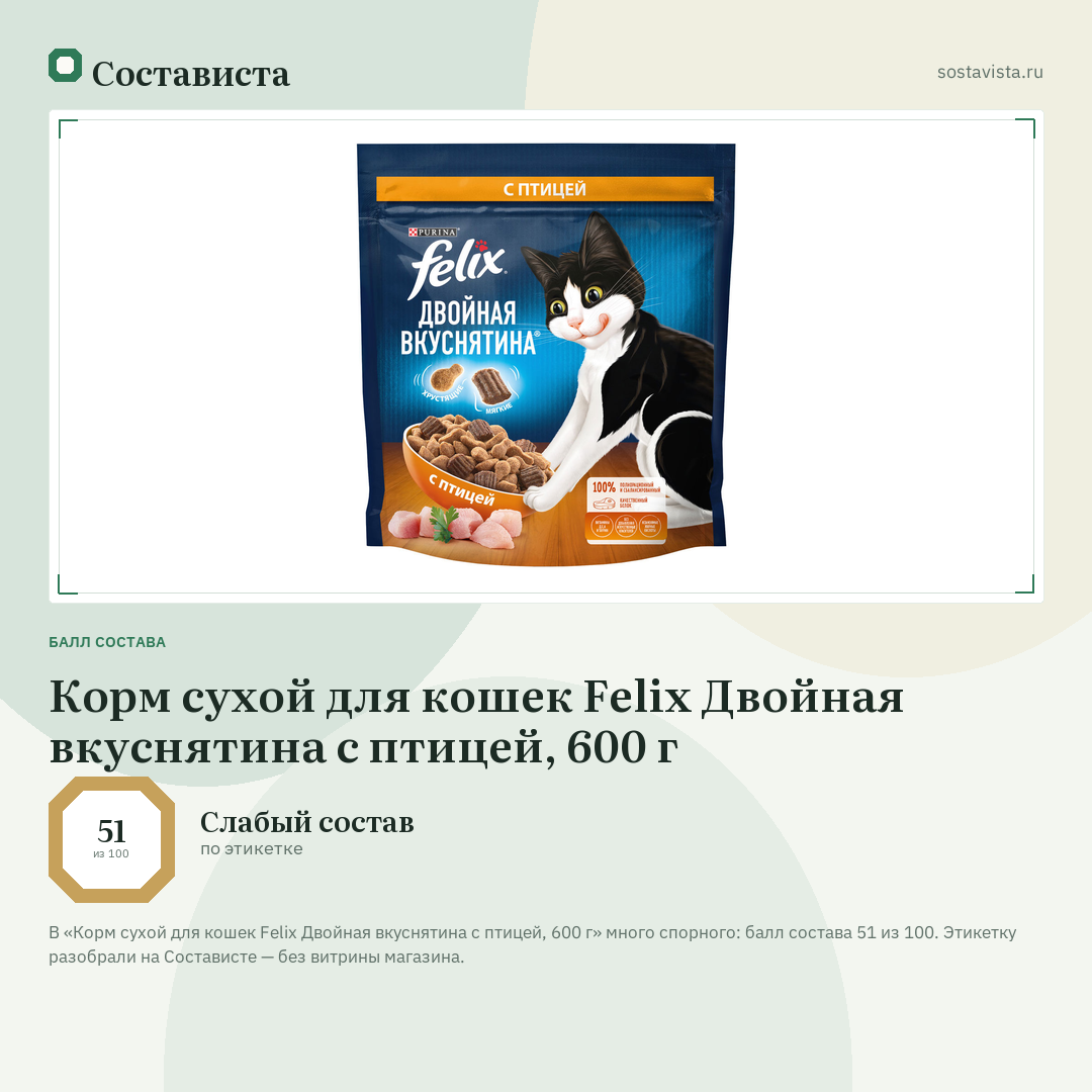 Корм сухой для кошек Felix Двойная вкуснятина с птицей, 600 г: балл состава 51 из 100 — Состависта