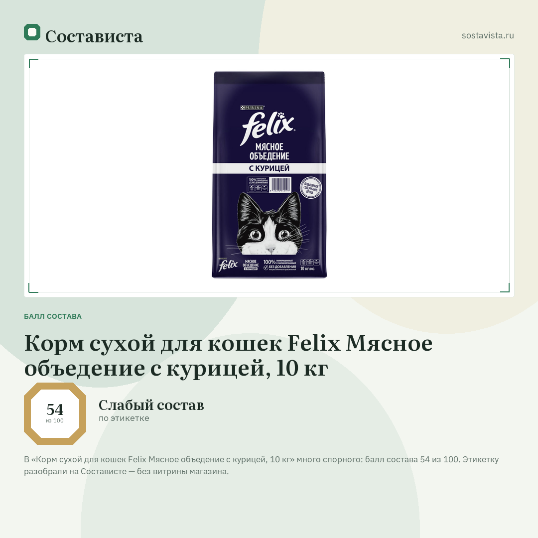 Корм сухой для кошек Felix Мясное объедение с курицей, 10 кг: балл состава 54 из 100 — Состависта