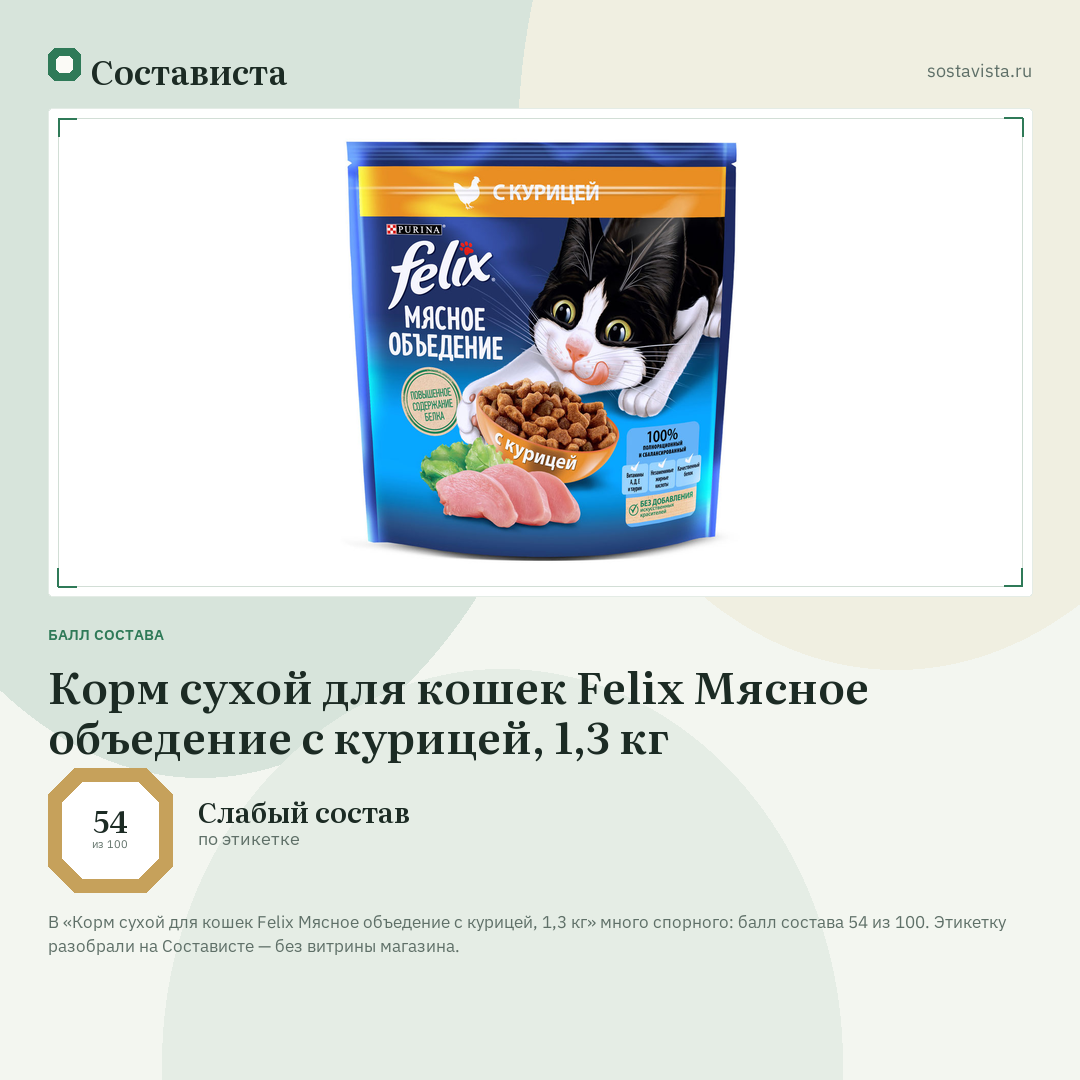 Корм сухой для кошек Felix Мясное объедение с курицей, 1,3 кг: балл состава 54 из 100 — Состависта