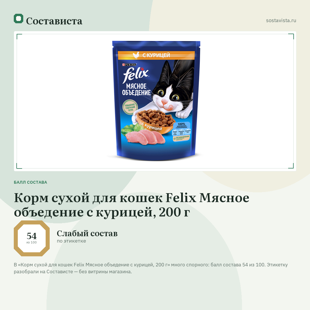 Корм сухой для кошек Felix Мясное объедение с курицей, 200 г: балл состава 54 из 100 — Состависта