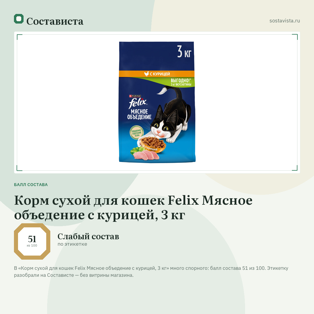 Корм сухой для кошек Felix Мясное объедение с курицей, 3 кг: балл состава 51 из 100 — Состависта