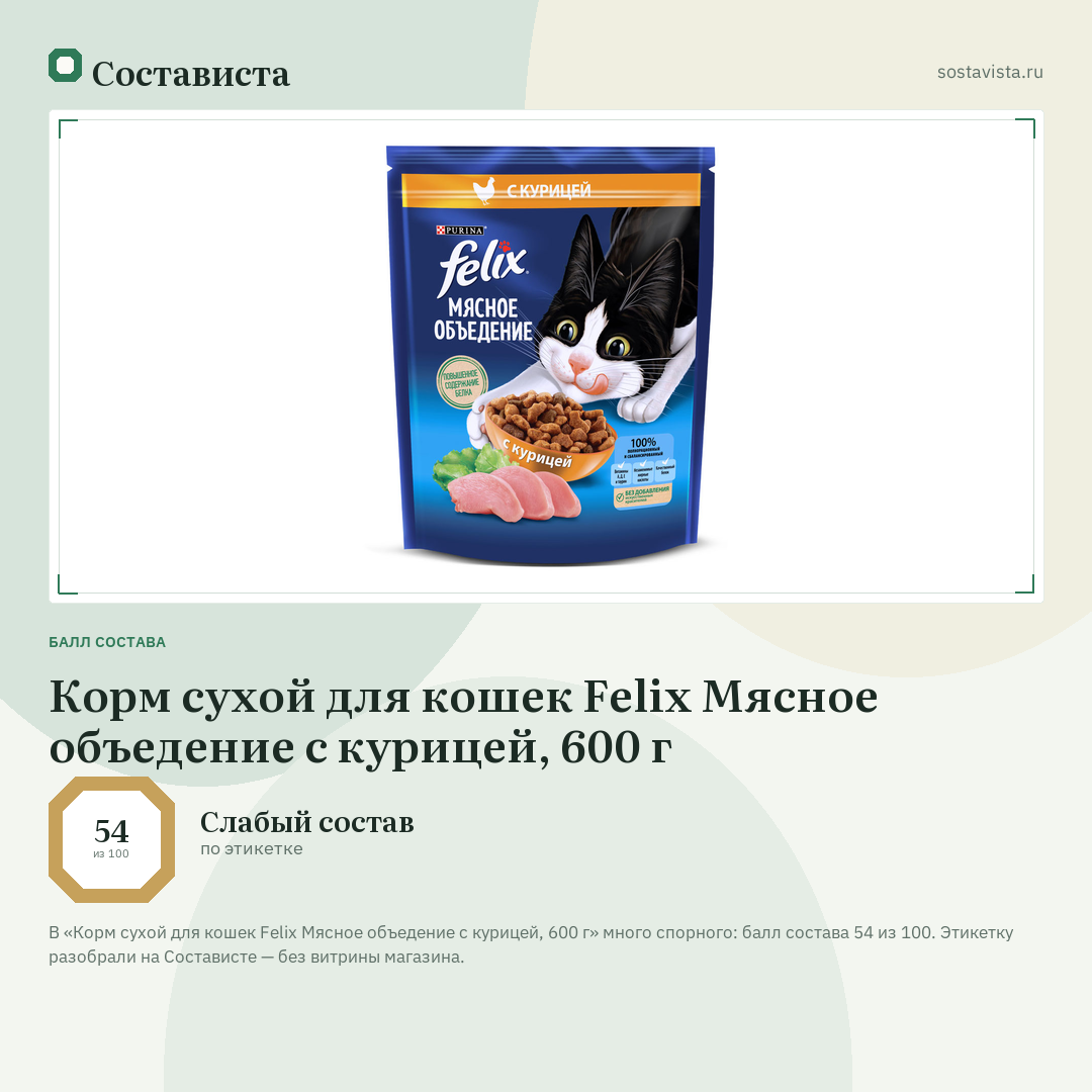 Корм сухой для кошек Felix Мясное объедение с курицей, 600 г: балл состава 54 из 100 — Состависта