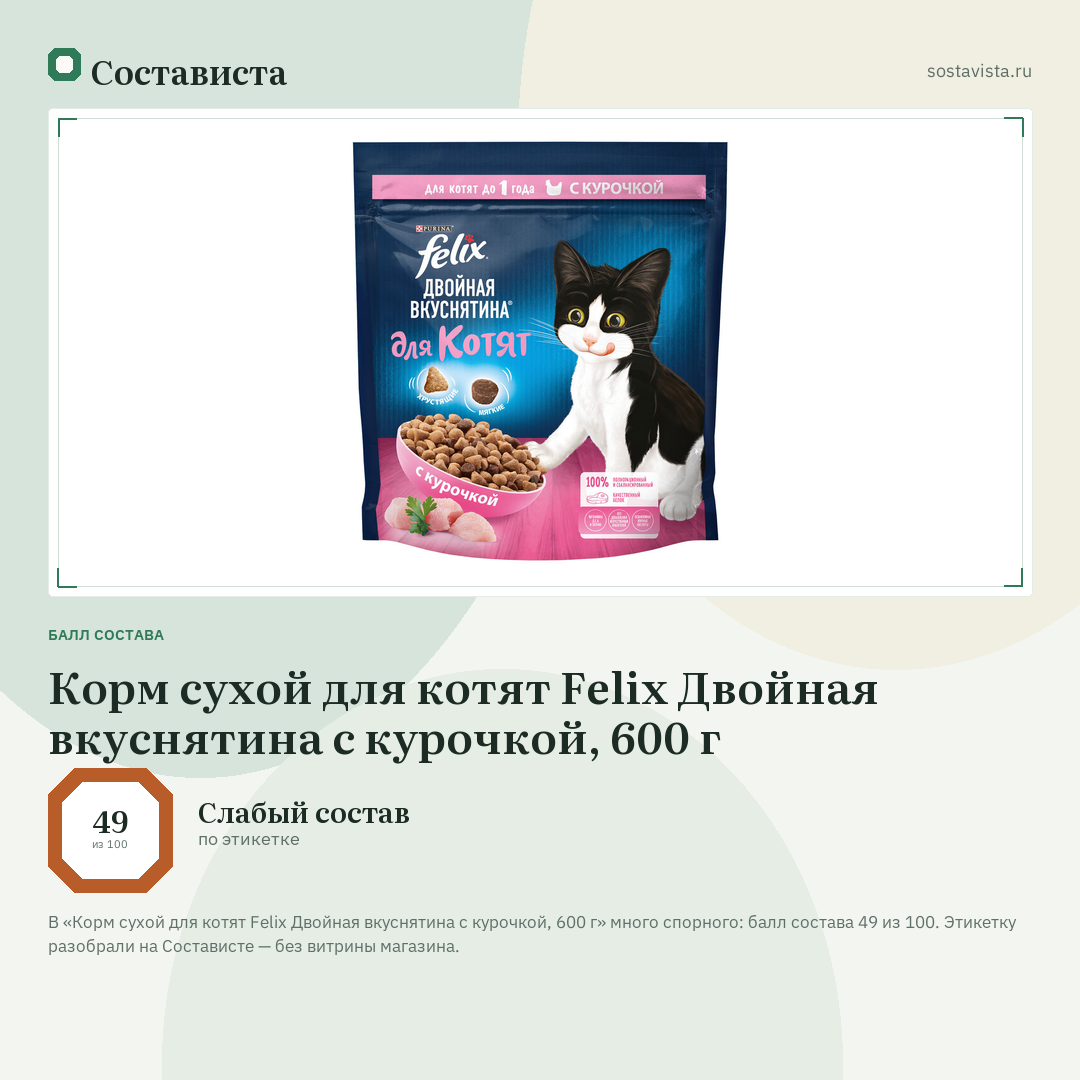 Корм сухой для котят Felix Двойная вкуснятина с курочкой, 600 г: балл состава 49 из 100 — Состависта
