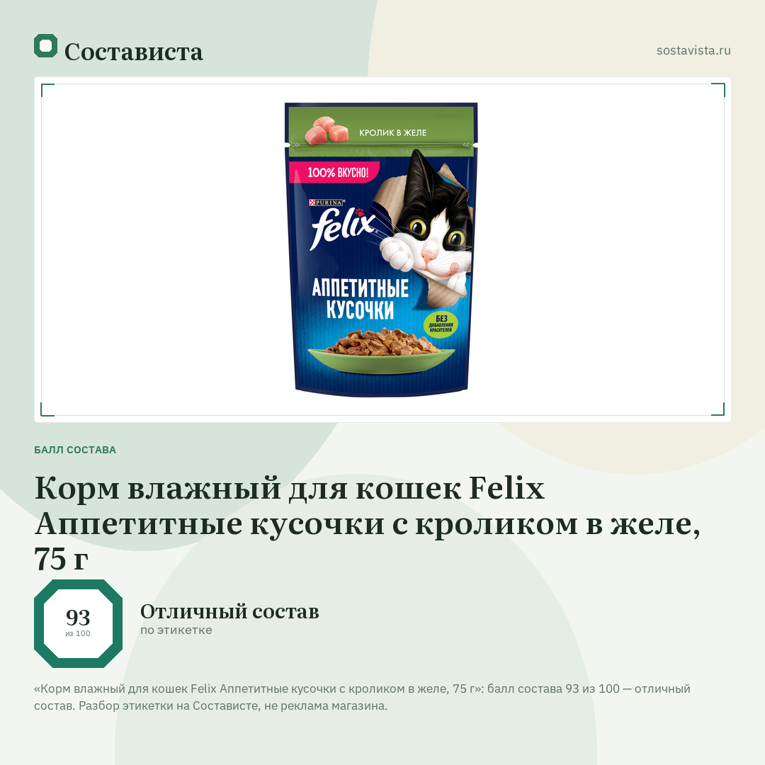 Корм влажный для кошек Felix Аппетитные кусочки с кроликом в желе, 75 г: балл состава 93 из 100 — Состависта
