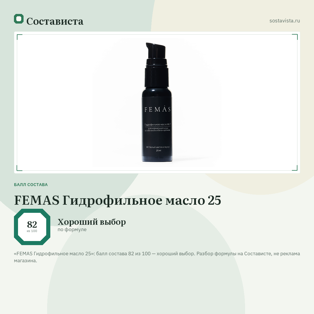 FEMAS Гидрофильное масло 25: балл состава 82 из 100 — Состависта