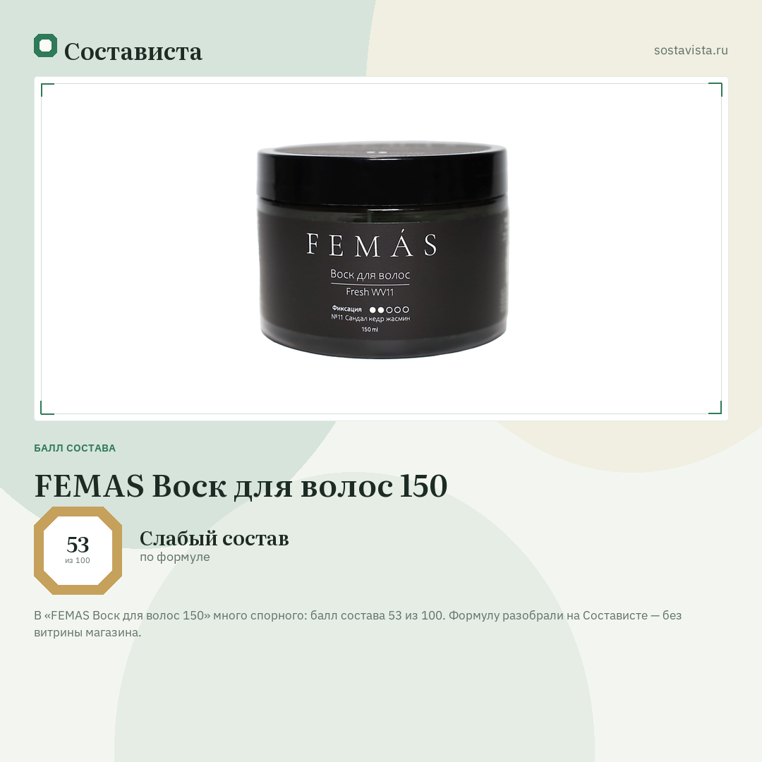 FEMAS Воск для волос 150: балл состава 53 из 100 — Состависта