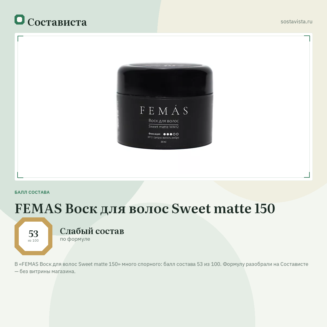 FEMAS Воск для волос Sweet matte 150: балл состава 53 из 100 — Состависта