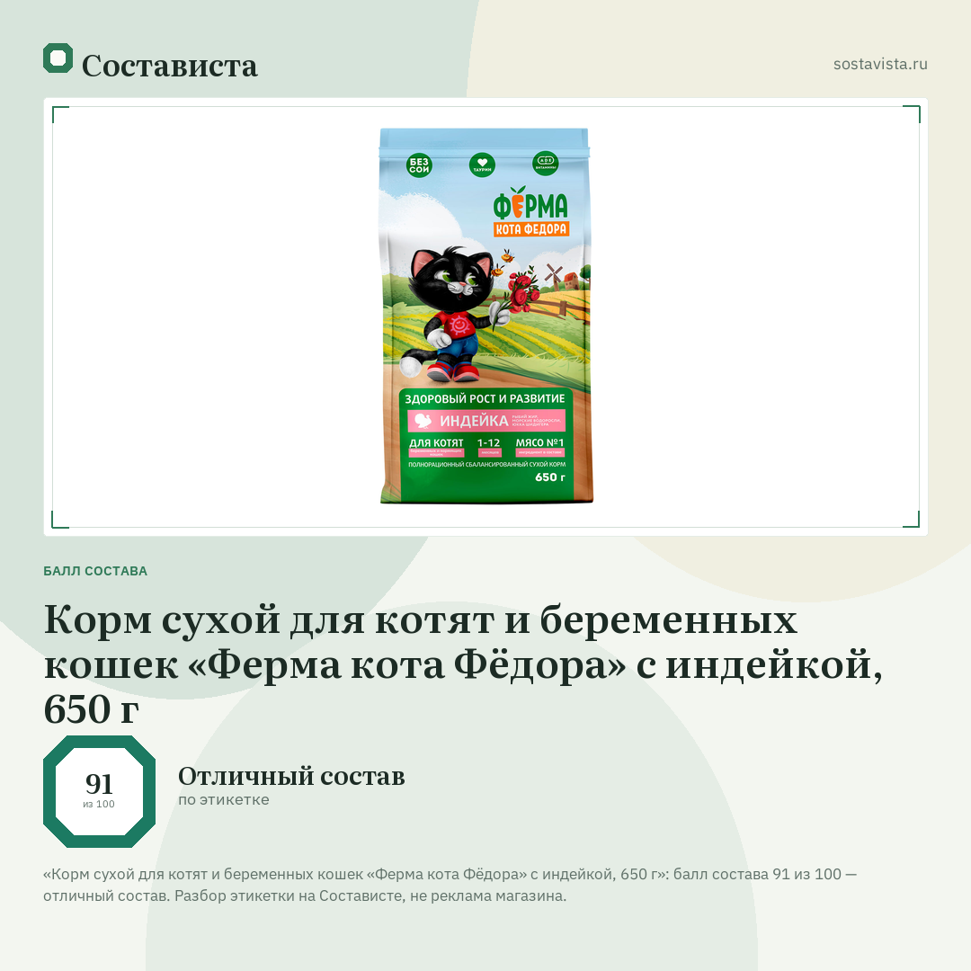 Корм сухой для котят и беременных кошек «Ферма кота Фёдора» с индейкой, 650 г: балл состава 91 из 100 — Состависта