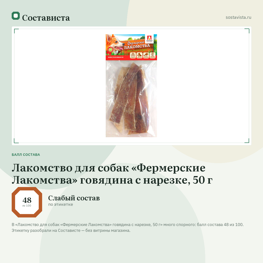 Лакомство для собак «Фермерские Лакомства» говядина с нарезке, 50 г: балл состава 48 из 100 — Состависта