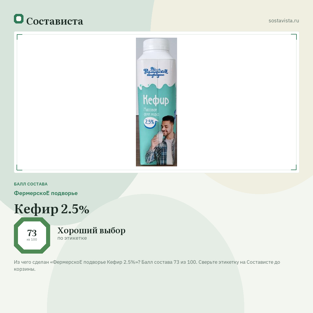 ФермерскоЕ подворье Кефир 2.5%: балл состава 73 из 100 — Состависта