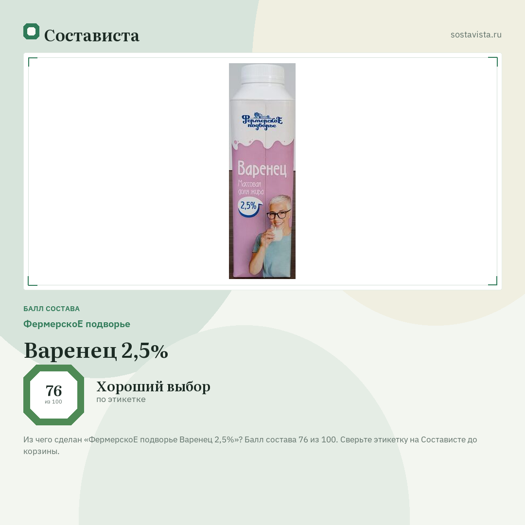 ФермерскоЕ подворье Варенец 2,5%: балл состава 76 из 100 — Состависта