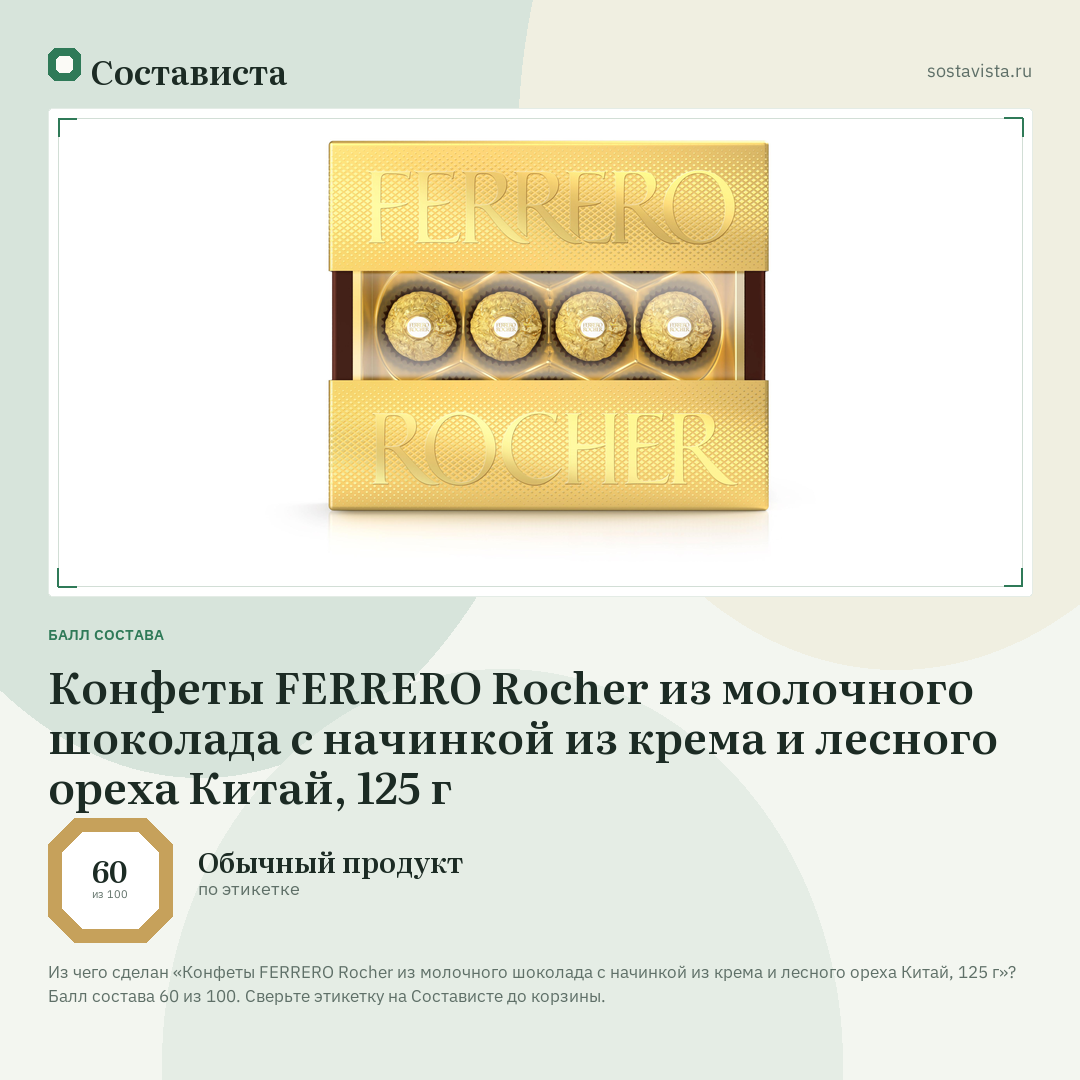 Конфеты FERRERO Rocher из молочного шоколада с начинкой из крема и лесного ореха Китай, 125 г: балл состава 60 из 100 — Состависта