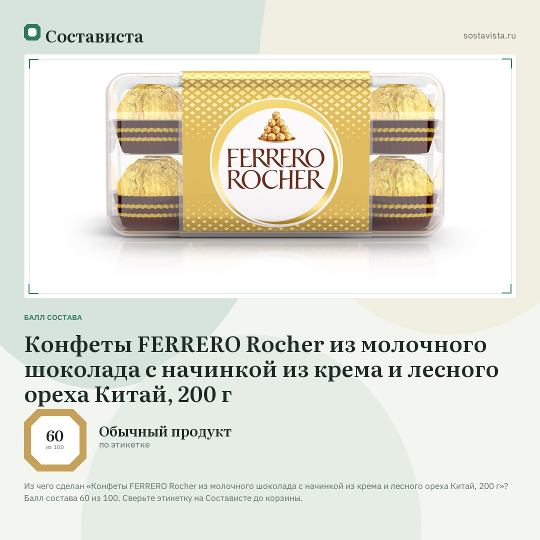 Конфеты FERRERO Rocher из молочного шоколада с начинкой из крема и лесного ореха Китай, 200 г: балл состава 60 из 100 — Состависта