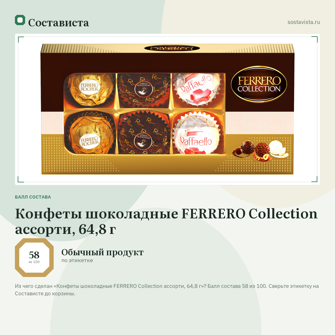 Конфеты шоколадные FERRERO Collection ассорти, 64,8 г: балл состава 58 из 100 — Состависта