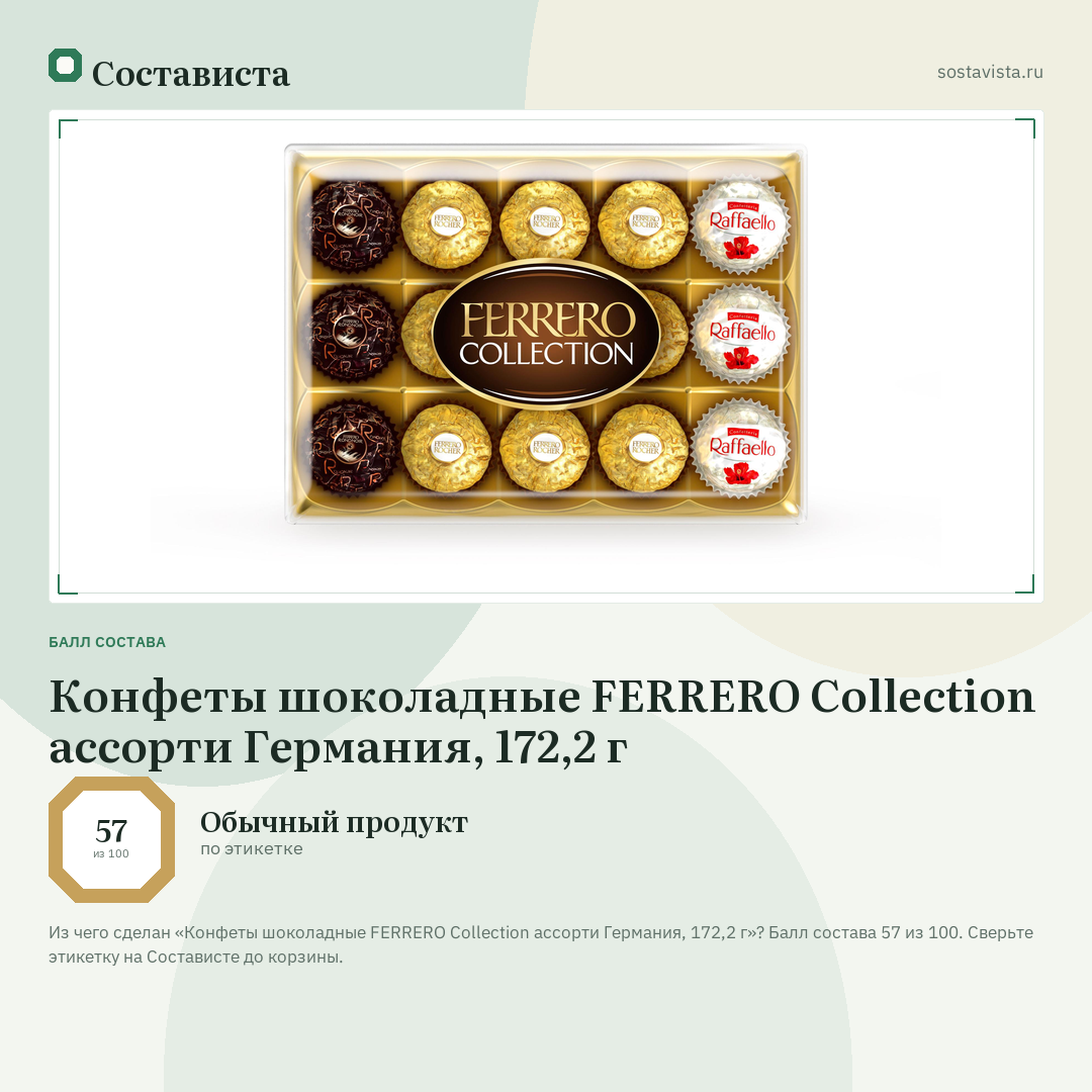 Конфеты шоколадные FERRERO Collection ассорти Германия, 172,2 г: балл состава 57 из 100 — Состависта