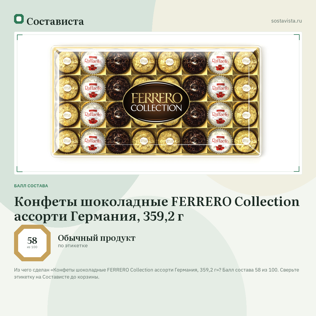 Конфеты шоколадные FERRERO Collection ассорти Германия, 359,2 г: балл состава 58 из 100 — Состависта