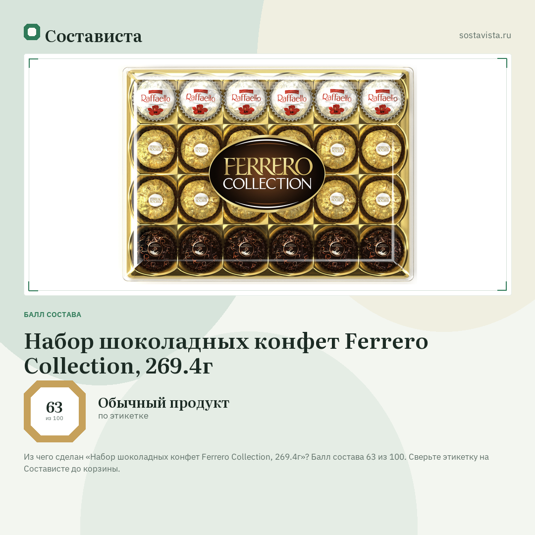 Набор шоколадных конфет Ferrero Collection, 269.4г: балл состава 63 из 100 — Состависта