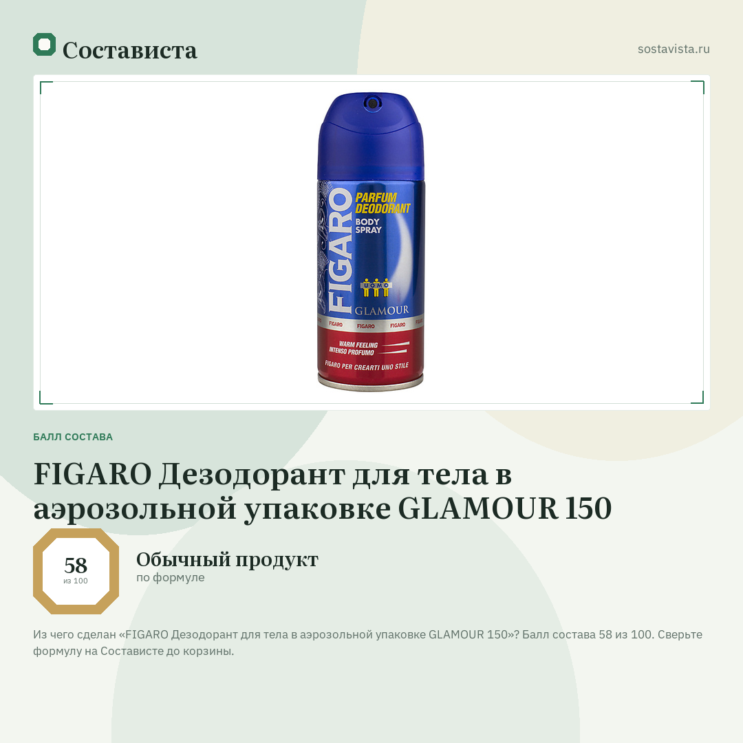 FIGARO Дезодорант для тела в аэрозольной упаковке GLAMOUR 150: балл состава 58 из 100 — Состависта