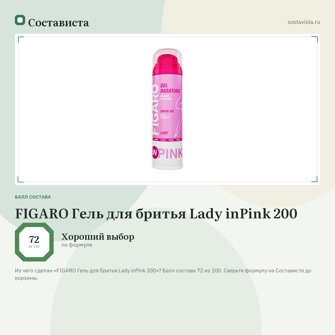 FIGARO Гель для бритья Lady inPink 200: балл состава 72 из 100 — Состависта