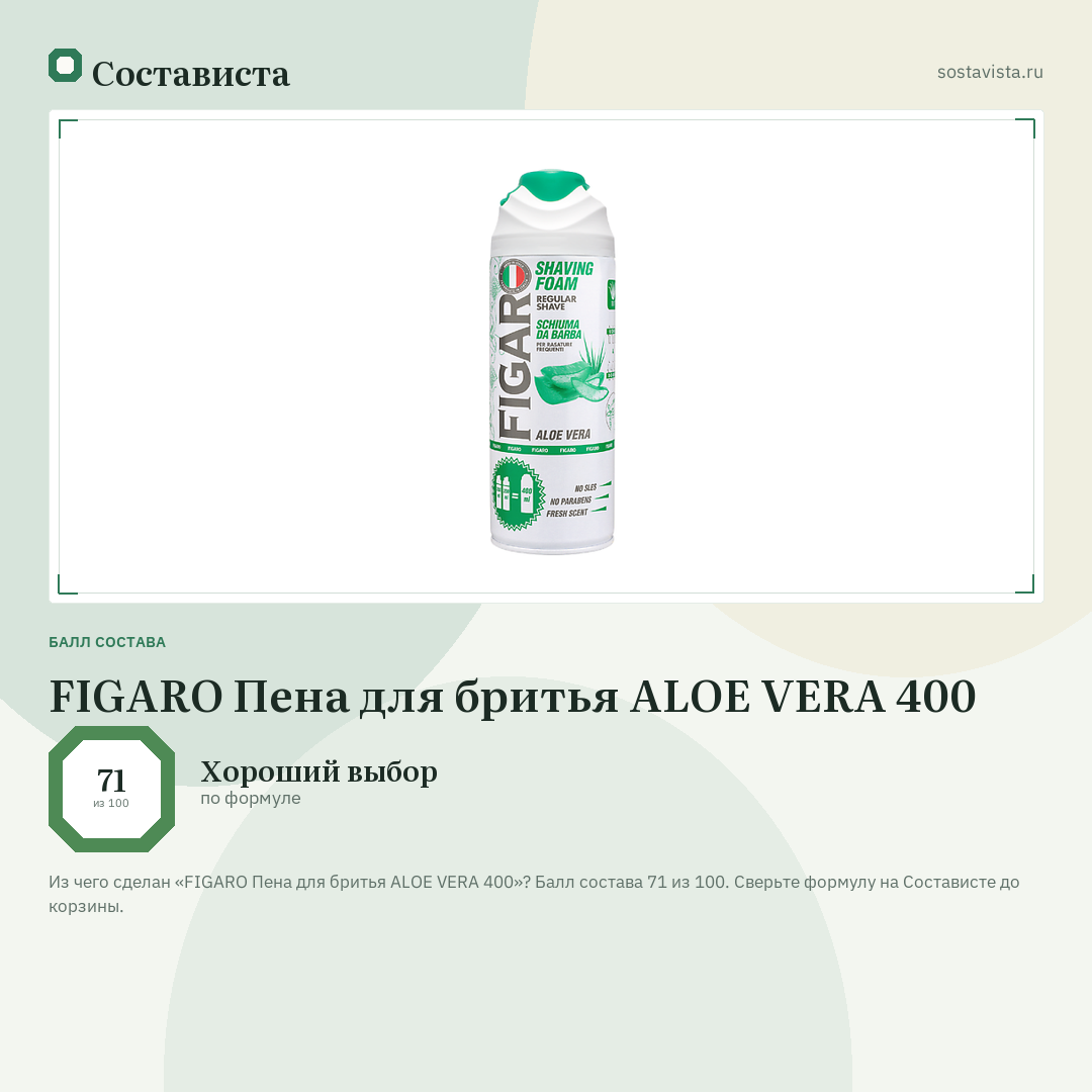 FIGARO Пена для бритья ALOE VERA 400: балл состава 71 из 100 — Состависта