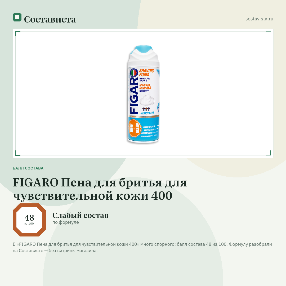 FIGARO Пена для бритья для чувствительной кожи 400: балл состава 48 из 100 — Состависта