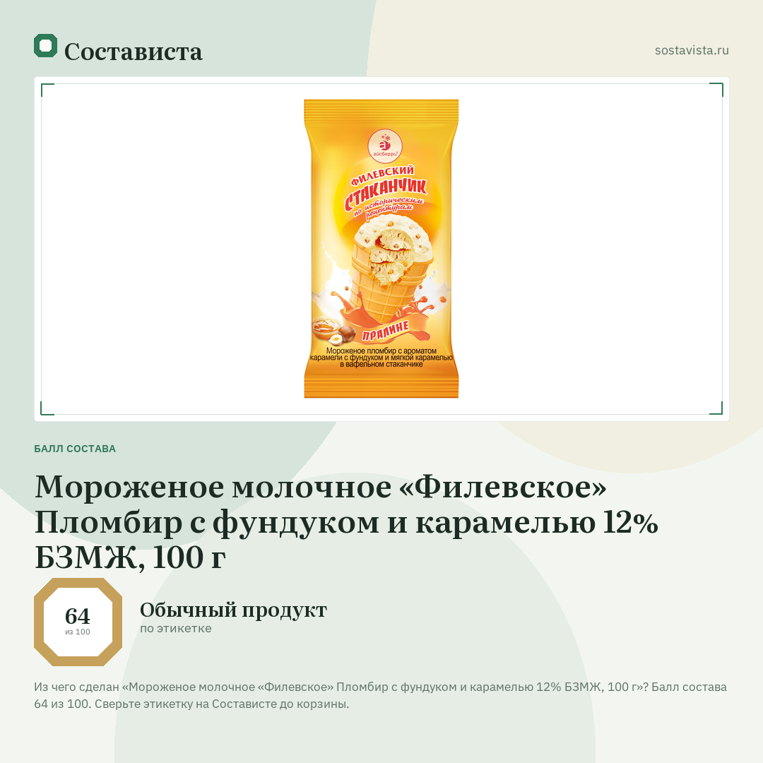 Мороженое молочное «Филевское» Пломбир с фундуком и карамелью 12% БЗМЖ, 100 г: балл состава 64 из 100 — Состависта