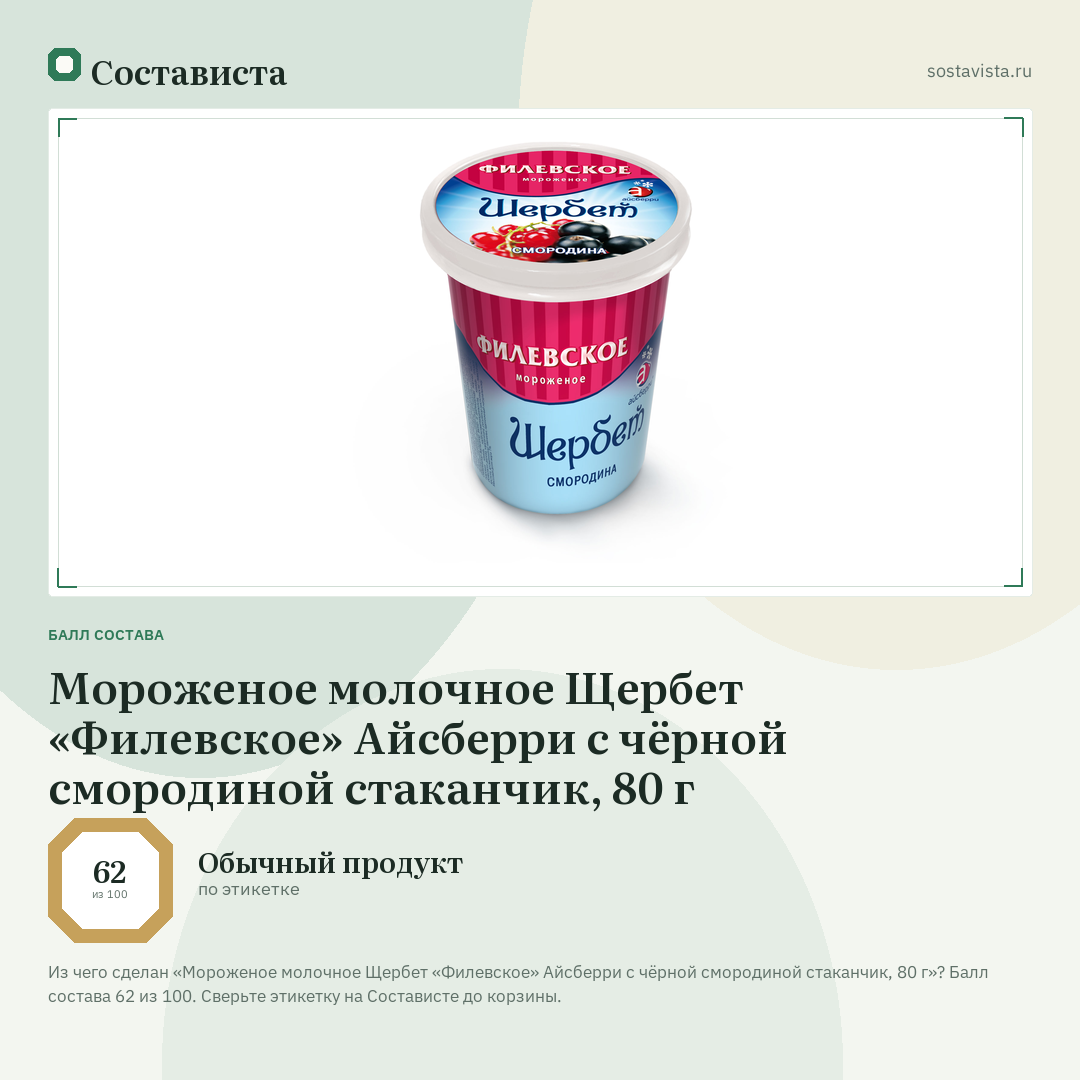 Мороженое молочное Щербет «Филевское» Айсберри с чёрной смородиной стаканчик, 80 г: балл состава 62 из 100 — Состависта