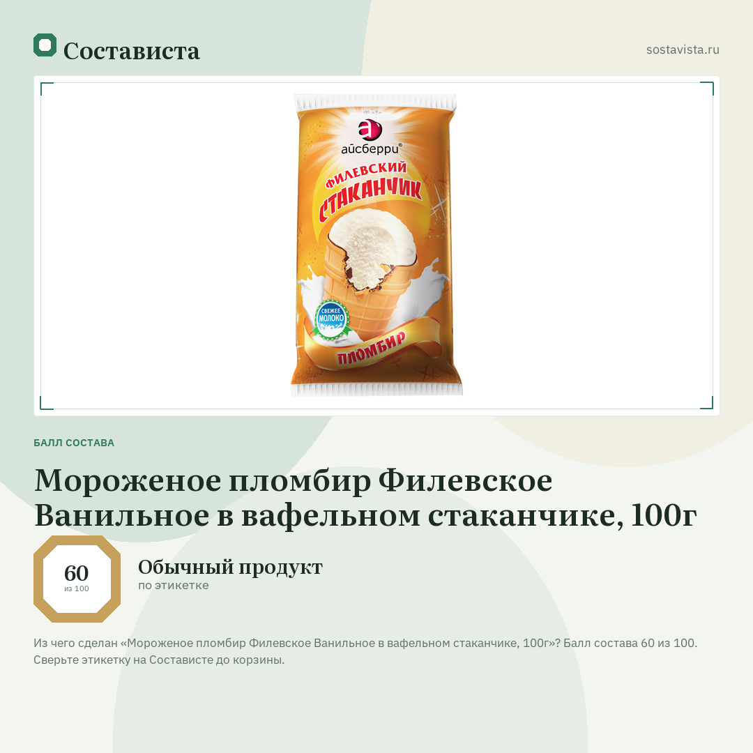 Мороженое пломбир Филевское Ванильное в вафельном стаканчике, 100г: балл состава 60 из 100 — Состависта