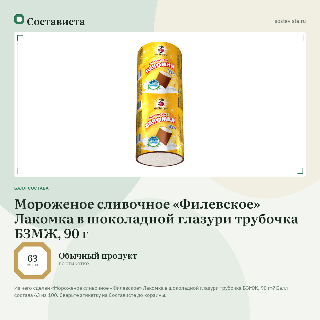 Мороженое сливочное «Филевское» Лакомка в шоколадной глазури трубочка БЗМЖ, 90 г: балл состава 63 из 100 — Состависта