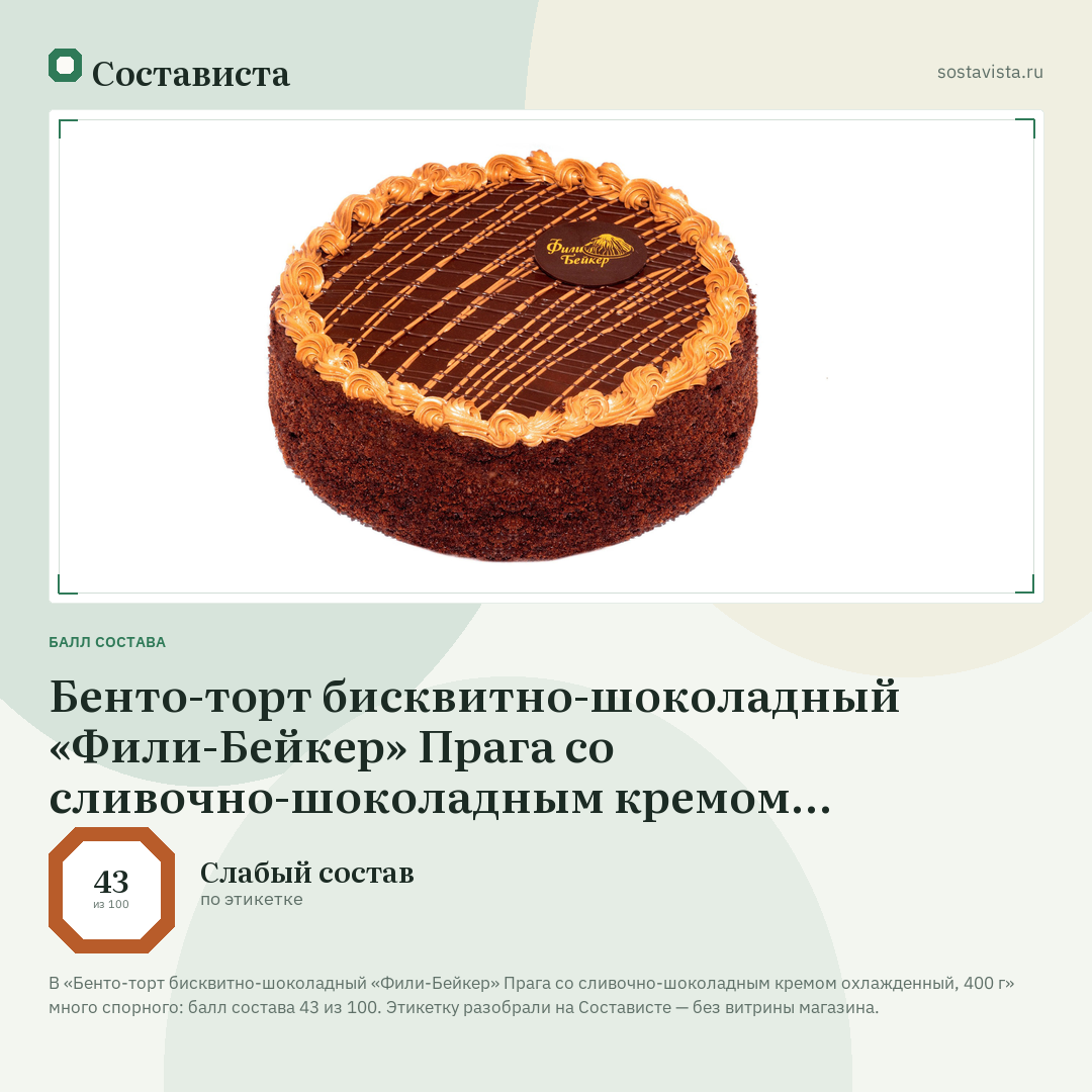 Бенто-торт бисквитно-шоколадный «Фили-Бейкер» Прага со сливочно-шоколадным кремом охлажденный, 400 г: балл состава 43 из 100 — Состависта
