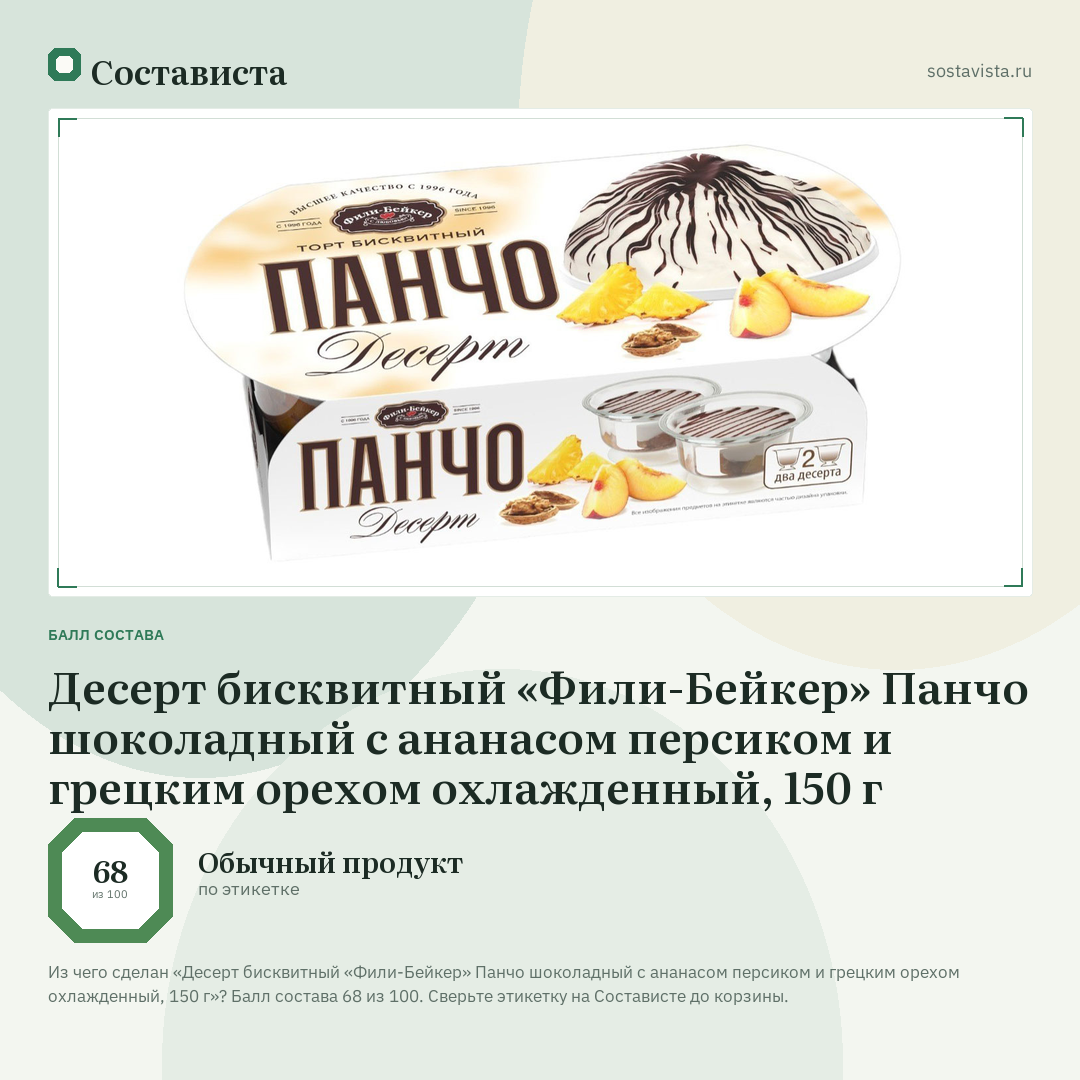 Десерт бисквитный «Фили-Бейкер» Панчо шоколадный с ананасом персиком и грецким орехом охлажденный, 150 г: балл состава 68 из 100 — Состависта