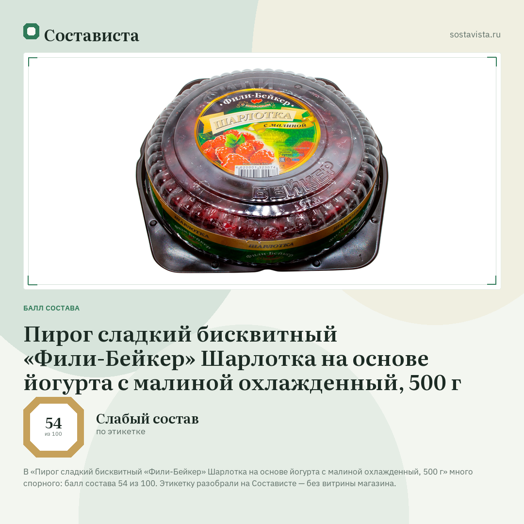 Пирог сладкий бисквитный «Фили-Бейкер» Шарлотка на основе йогурта с малиной охлажденный, 500 г: балл состава 54 из 100 — Состависта