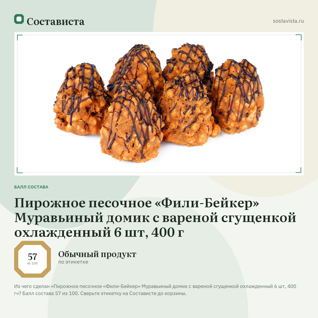 Пирожное песочное «Фили-Бейкер» Муравьиный домик с вареной сгущенкой охлажденный 6 шт, 400 г: балл состава 57 из 100 — Состависта
