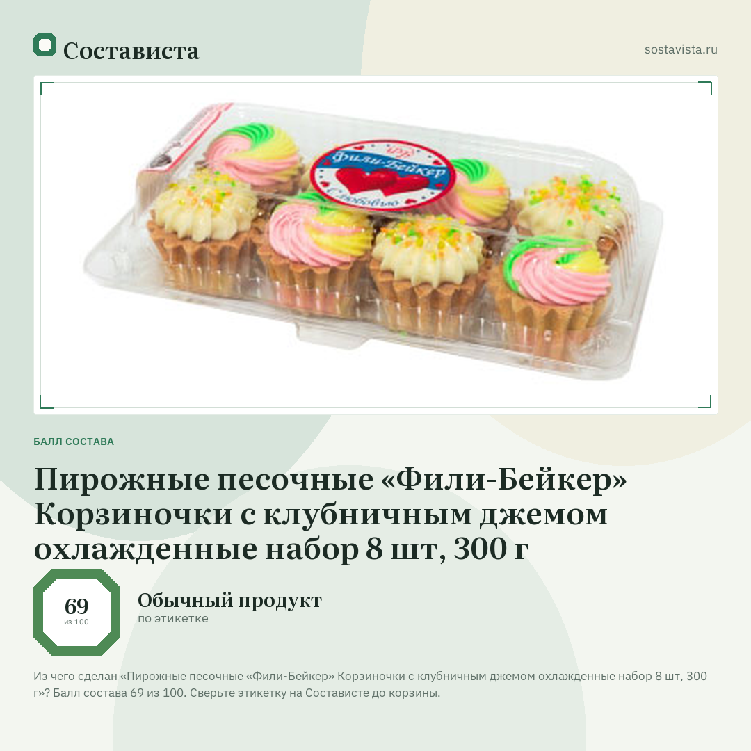 Пирожные песочные «Фили-Бейкер» Корзиночки с клубничным джемом охлажденные набор 8 шт, 300 г: балл состава 69 из 100 — Состависта