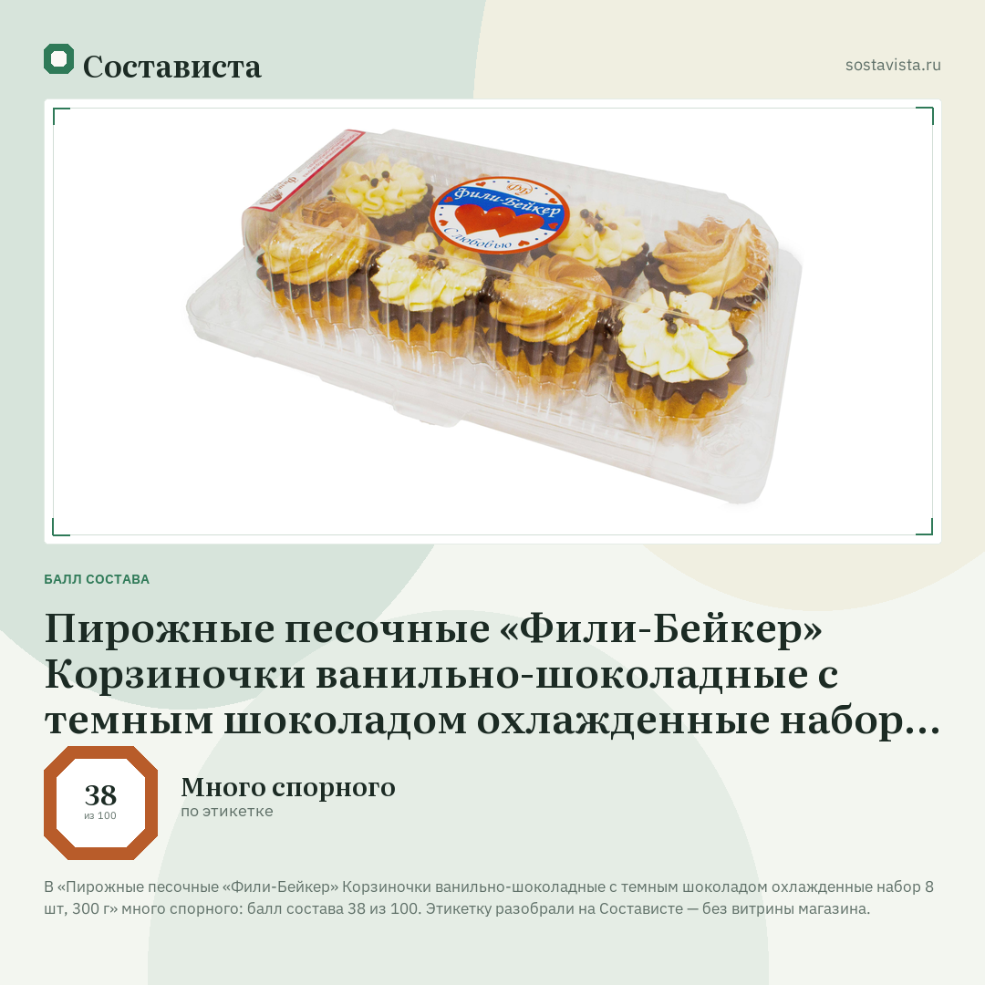 Пирожные песочные «Фили-Бейкер» Корзиночки ванильно-шоколадные с темным шоколадом охлажденные набор 8 шт, 300 г: балл состава 38 из 100 — Состависта