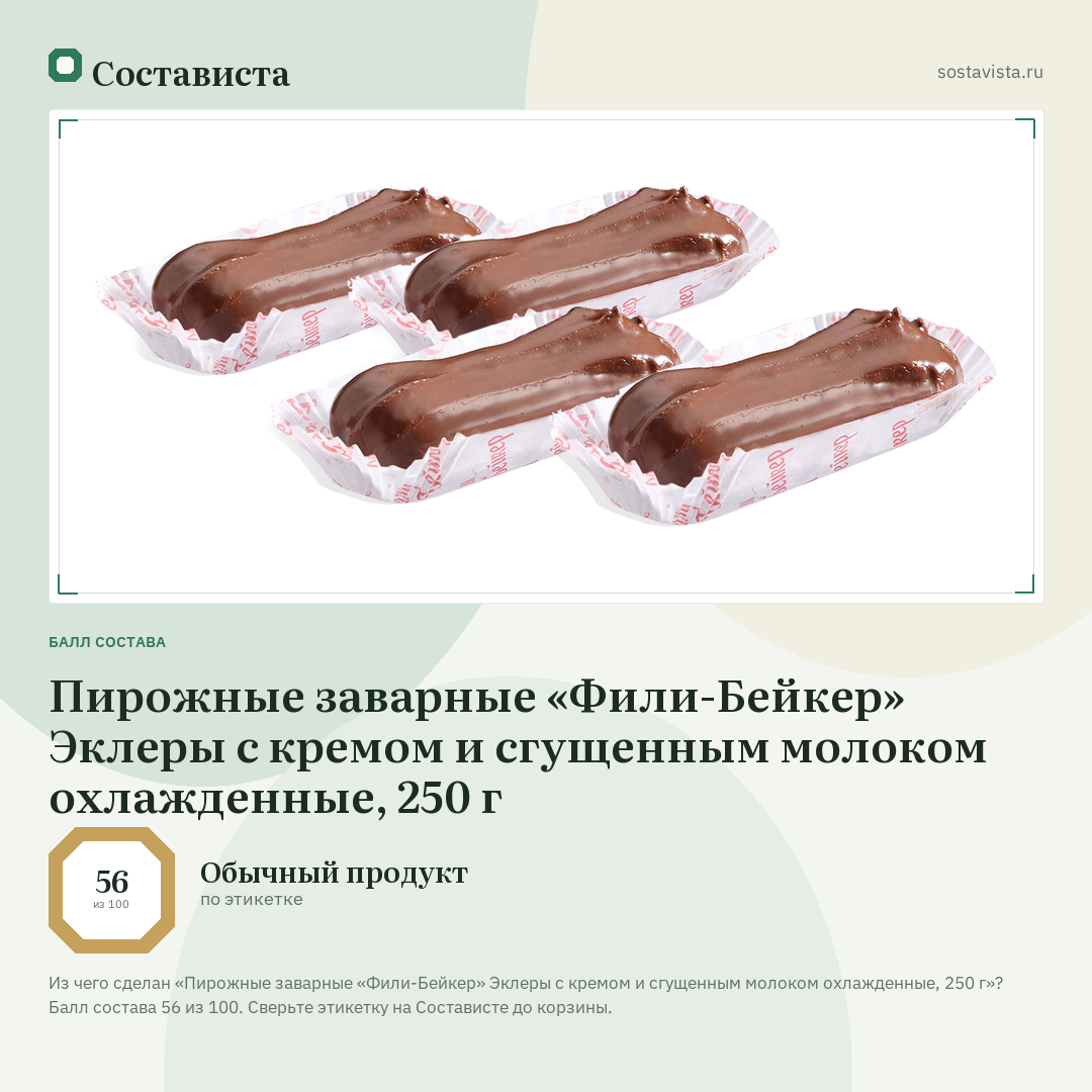 Пирожные заварные «Фили-Бейкер» Эклеры с кремом и сгущенным молоком охлажденные, 250 г: балл состава 56 из 100 — Состависта